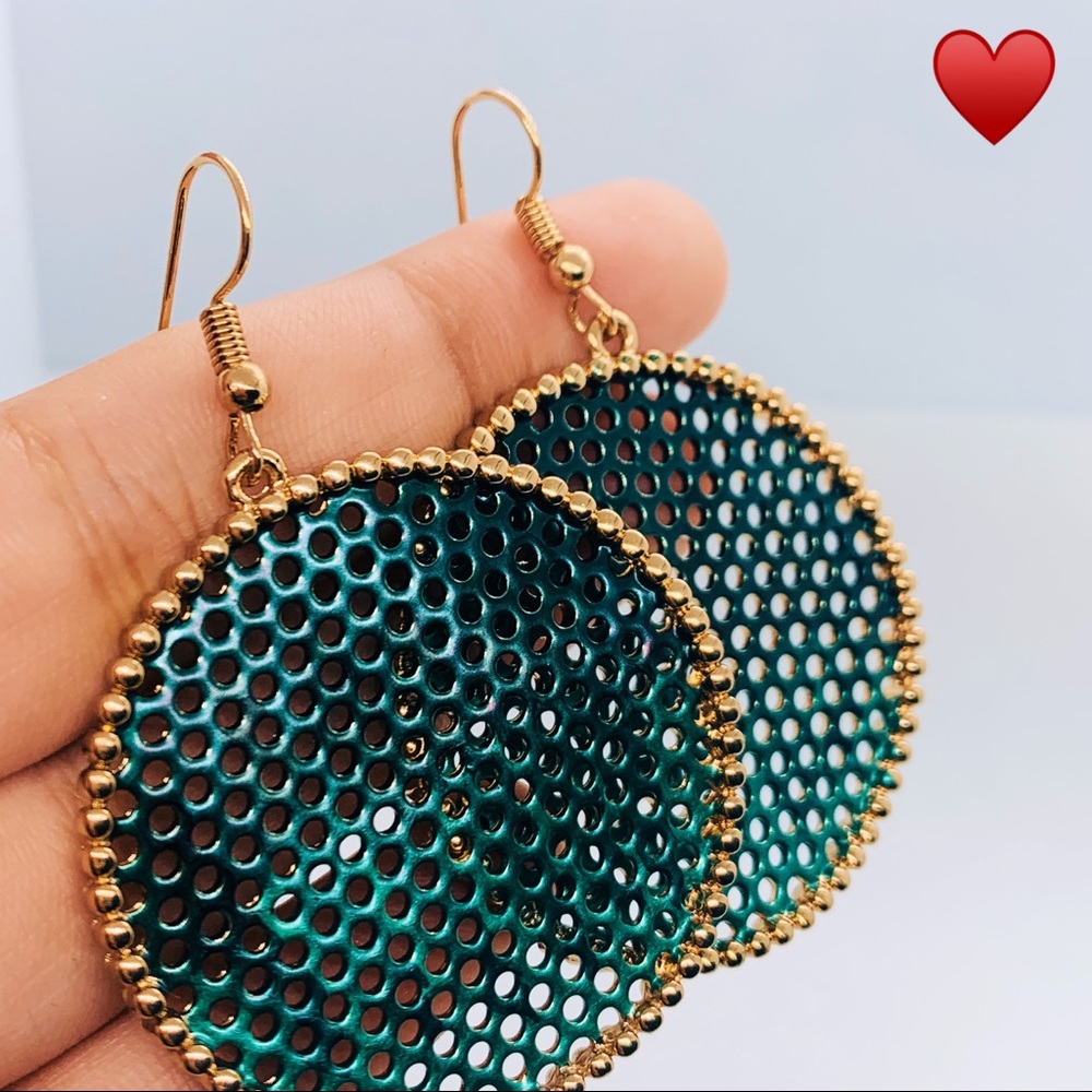 🌺Green Ball Big Gold Round Disk Drop Earring - Picture 4 of 12